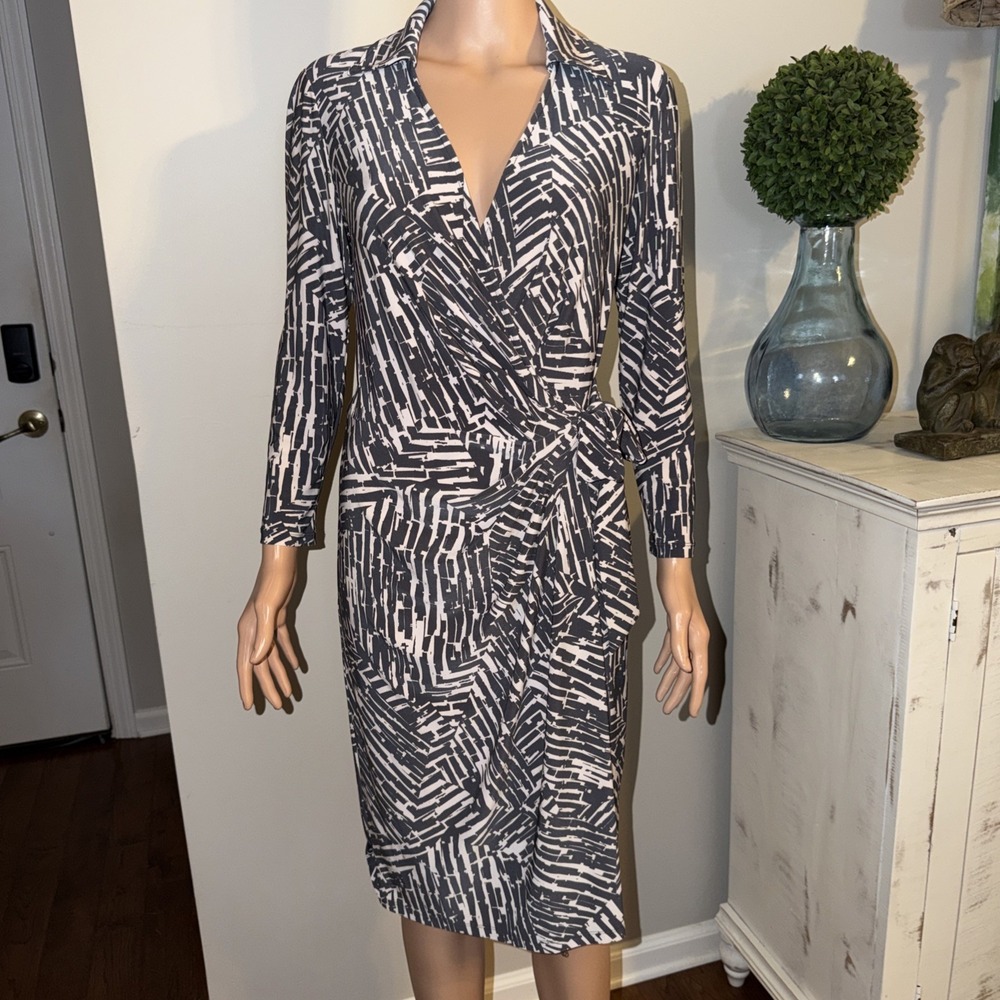 Lauren Ralph Lauren Dark Great White Ruched Wrap Dress V-Neck Businesscore City